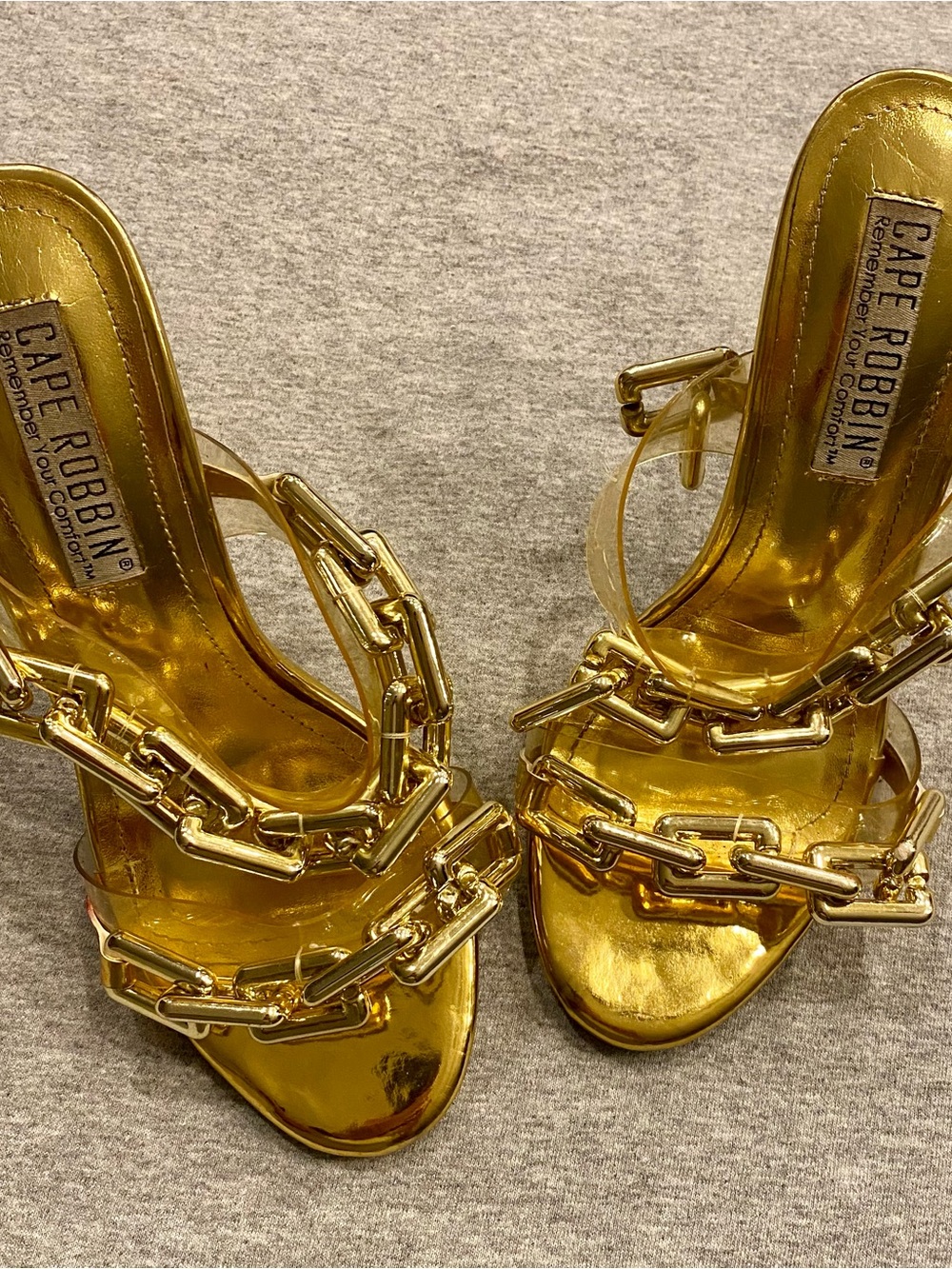 Cape Robbin Roma Gold Chain Clear Strap Stiletto Mule Heels Slip On Open Toe
